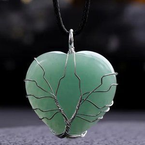 Green Aventurine Heart Shaped Natural Gemstone Tree Of Life Wire Wrap Pendant